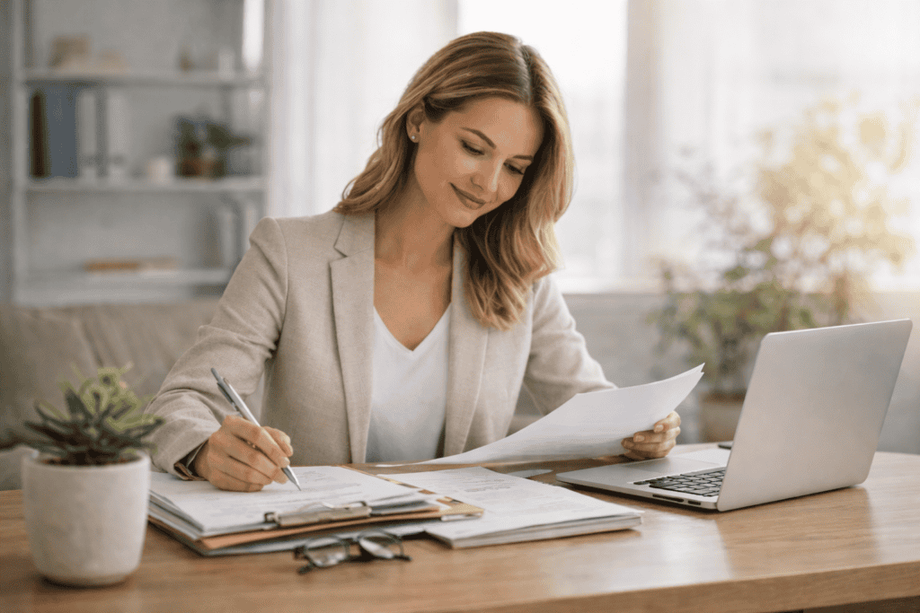Gestion administrative avec une professionnelle organisant des documents et dossiers sur son bureau