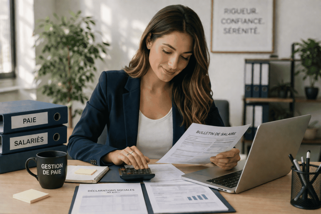 Gestion de paie avec une professionnelle traitant des bulletins de salaire et des documents administratifs sur son bureau