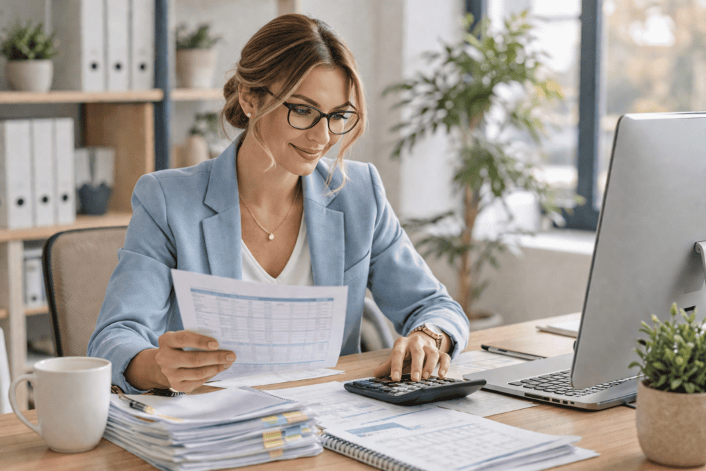 Gestion de paie avec une professionnelle traitant des bulletins de salaire et des documents administratifs sur son bureau