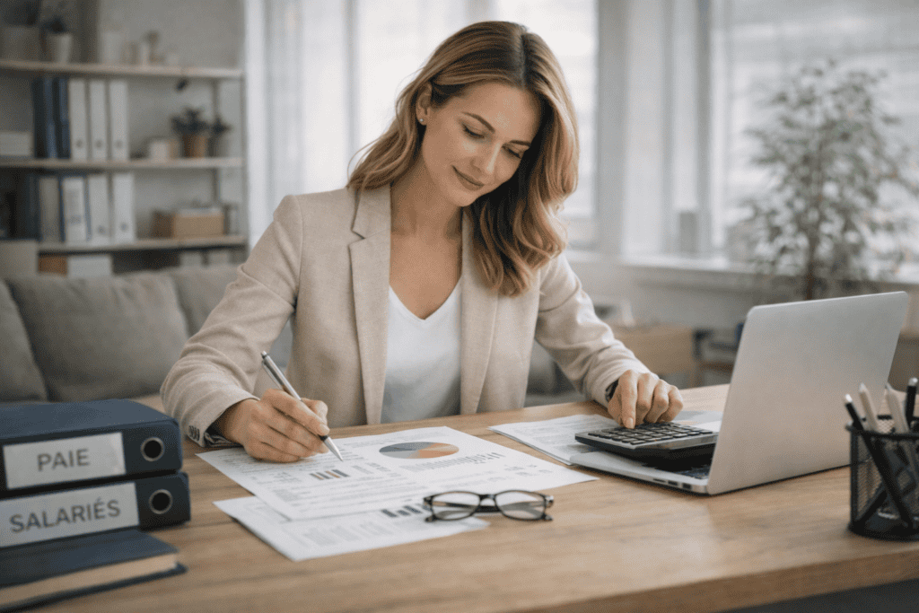 Comptabilité avec une professionnelle analysant des documents financiers et utilisant une calculatrice à son bureau