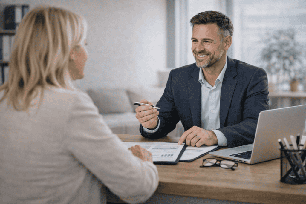 Conseil en comptabilité avec un professionnel échangeant avec une cliente dans un bureau