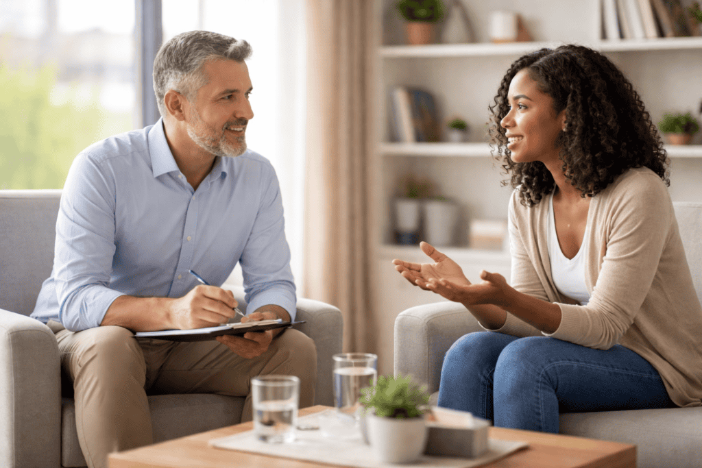 Échange entre un client et un expert Calmgest pour un accompagnement en gestion administrative, comptabilité et patrimoine